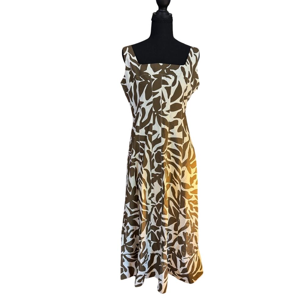 Club Monaco Fit Flare White Tan Floral Print Retro Structured Midi Dress Size 10